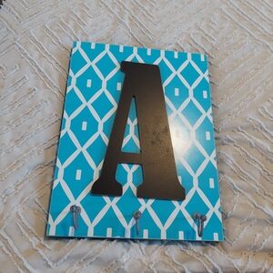 Personalized Wall Hook Plaque with Black Letter A in Teal Jewelry Holder Display